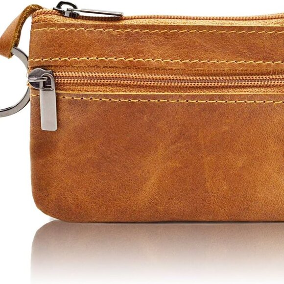 Accessories - Women Genuine Leather Coin Pouch Zip Mini Purse Wallet Key Chain Double Zipper